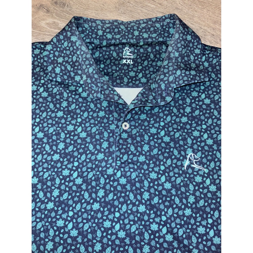 Rhoback Mens XXL Performance Golf Polo Shirt Navyā Teal Leaf Acorn Print Stretch